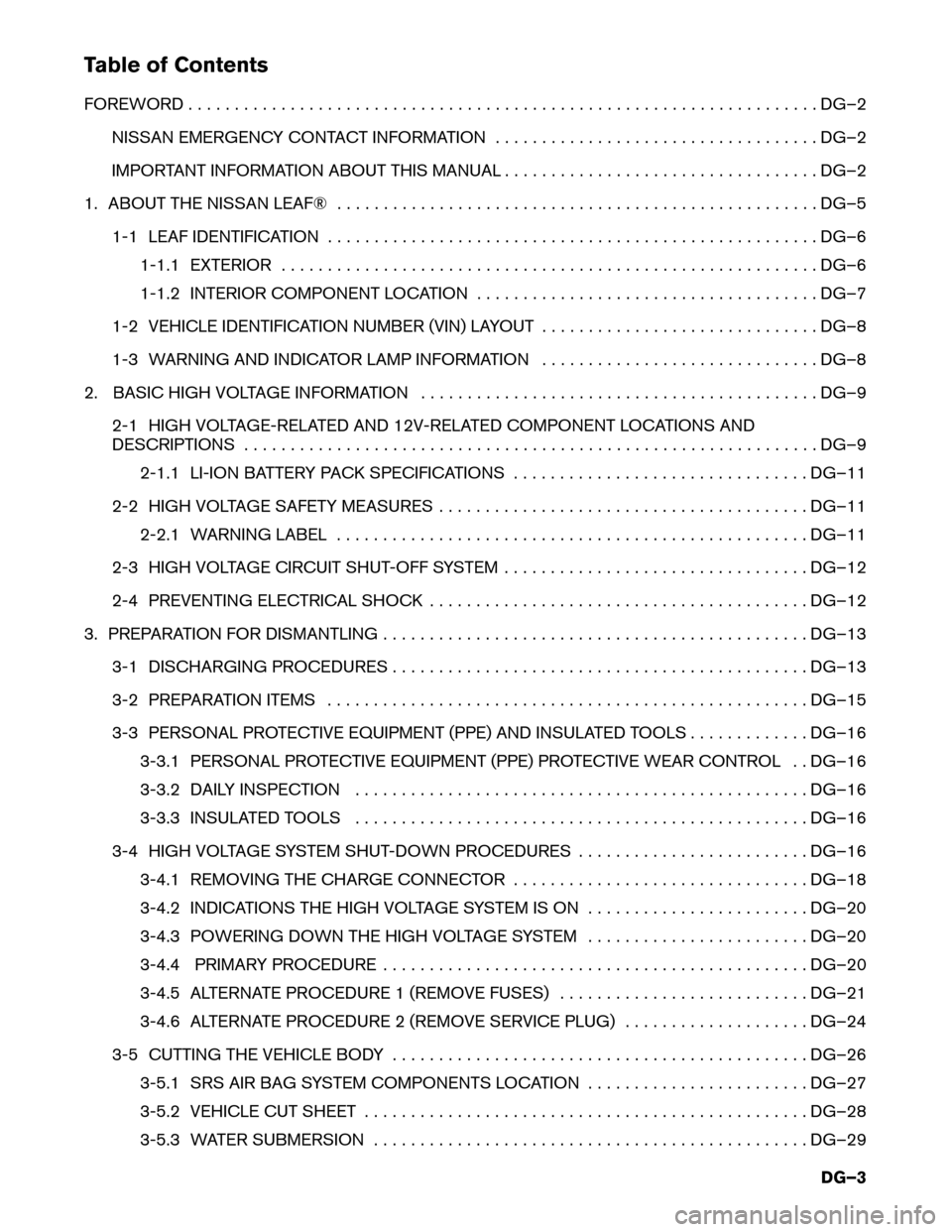 NISSAN LEAF 2015 1.G Dismantling Guide Table of Contents
FOREWORD
. . . . . . . . . . . . . . . . . . . . . . . . . . . . . . . . . . . . . . . . . . . . . . . . . . . . . . . . . . . . . . . . . . . . DG–2
NISSAN EMERGENCY CONTACT INFOR