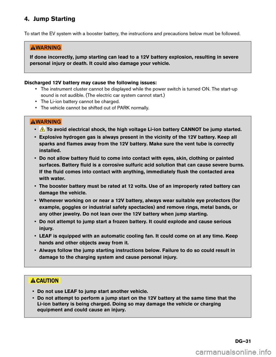 NISSAN LEAF 2015 1.G Dismantling Guide 4. Jump Starting
T
o start the EV system with a booster battery, the instructions and precautions below must be followed. If done incorrectly, jump starting can lead to a 12V battery explosion, result