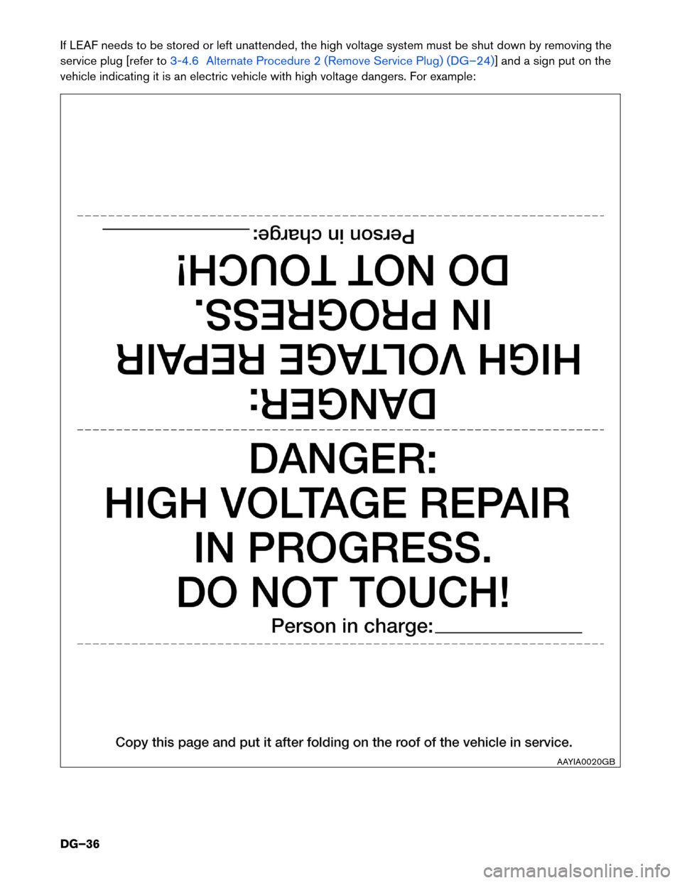 NISSAN LEAF 2015 1.G Dismantling Guide If LEAF needs to be stored or left unattended, the high voltage system must be shut down by removing the
service
plug [refer to 3-4.6 Alternate Procedure 2 (Remove Service Plug) (DG–24)] and a sign 