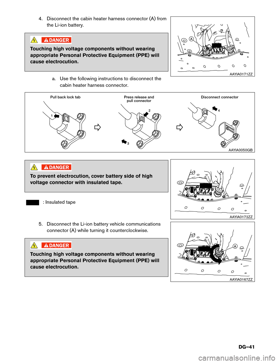 NISSAN LEAF 2015 1.G Dismantling Guide 4. Disconnect the cabin heater harness connector (A) from
the Li-ion battery. Touching high voltage components without wearing
appropriate

Personal Protective Equipment (PPE) will
cause electrocution