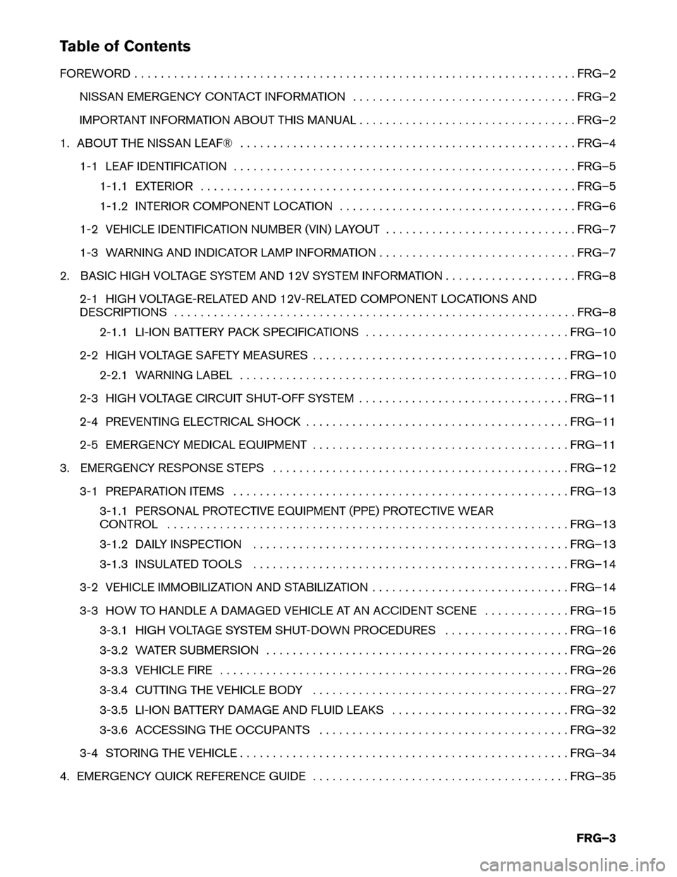 NISSAN LEAF 2015 1.G First Responders Guide Table of Contents
FOREWORD
. . . . . . . . . . . . . . . . . . . . . . . . . . . . . . . . . . . . . . . . . . . . . . . . . . . . . . . . . . . . . . . . . . . FRG–2
NISSAN EMERGENCY CONTACT INFORM