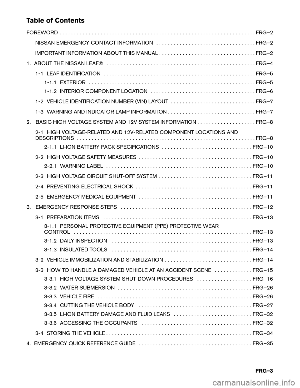 NISSAN LEAF 2015 1.G First Responders Guide Table of Contents
FOREWORD
. . . . . . . . . . . . . . . . . . . . . . . . . . . . . . . . . . . . . . . . . . . . . . . . . . . . . . . . . . . . . . . . . . . FRG–2
NISSAN EMERGENCY CONTACT INFORM NISSAN LEAF 2015 1.G First Responders Guide Table of Contents
FOREWORD
. . . . . . . . . . . . . . . . . . . . . . . . . . . . . . . . . . . . . . . . . . . . . . . . . . . . . . . . . . . . . . . . . . . FRG–2
NISSAN EMERGENCY CONTACT INFORM