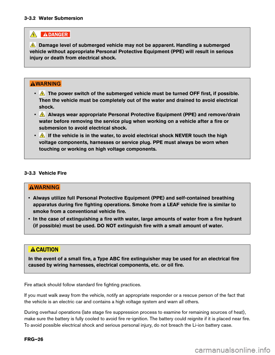 NISSAN LEAF 2015 1.G First Responders Guide 3-3.2 Water Submersion
Damage level of submerged vehicle may not be apparent. Handling a submerged
vehicle without appropriate Personal Protective Equipment (PPE) will result in serious
injury or deat NISSAN LEAF 2015 1.G First Responders Guide 3-3.2 Water Submersion
Damage level of submerged vehicle may not be apparent. Handling a submerged
vehicle without appropriate Personal Protective Equipment (PPE) will result in serious
injury or deat