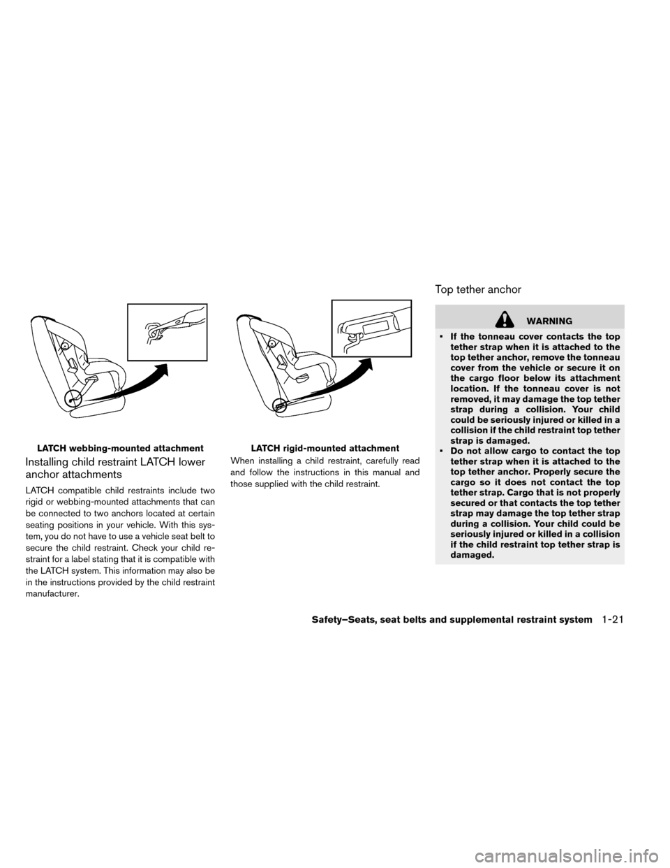 NISSAN LEAF 2015 1.G Owners Manual Installing child restraint LATCH lower
anchor attachments
LATCH compatible child restraints include two
rigid or webbing-mounted attachments that can
be connected to two anchors located at certain
sea