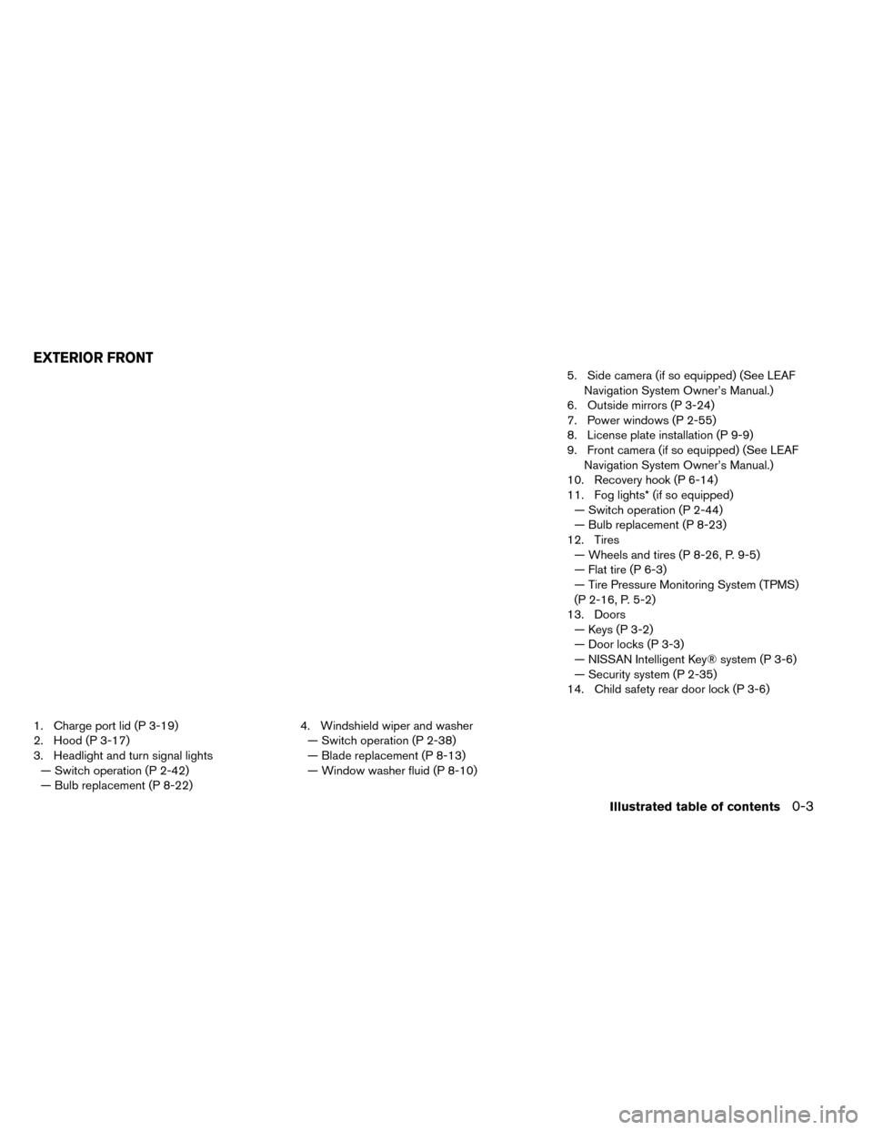 NISSAN LEAF 2015 1.G Owners Manual 1. Charge port lid (P 3-19)
2. Hood (P 3-17)
3. Headlight and turn signal lights— Switch operation (P 2-42)
— Bulb replacement (P 8-22) 4. Windshield wiper and washer
— Switch operation (P 2-38)