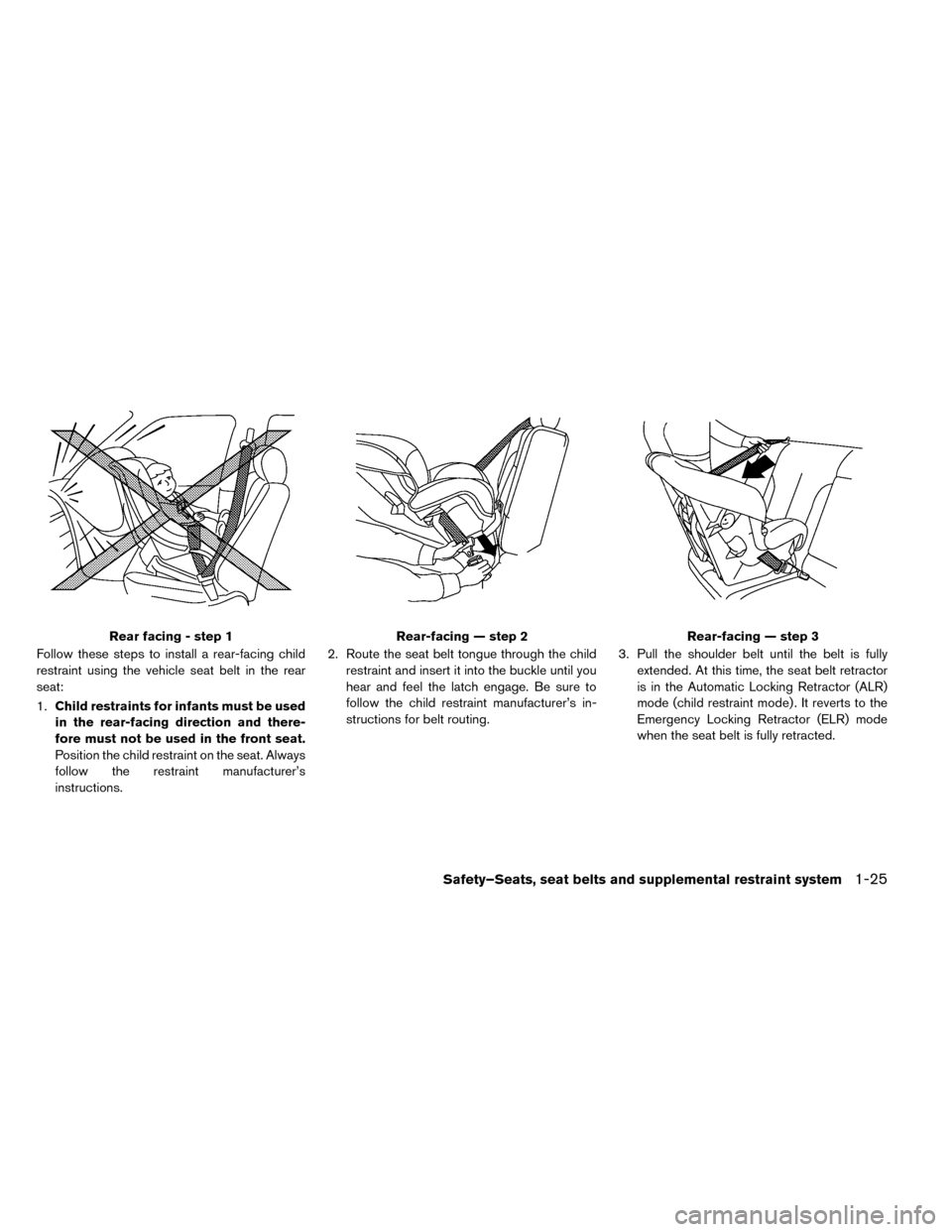 NISSAN LEAF 2015 1.G Owners Manual Follow these steps to install a rear-facing child
restraint using the vehicle seat belt in the rear
seat:
1.Child restraints for infants must be used
in the rear-facing direction and there-
fore must 