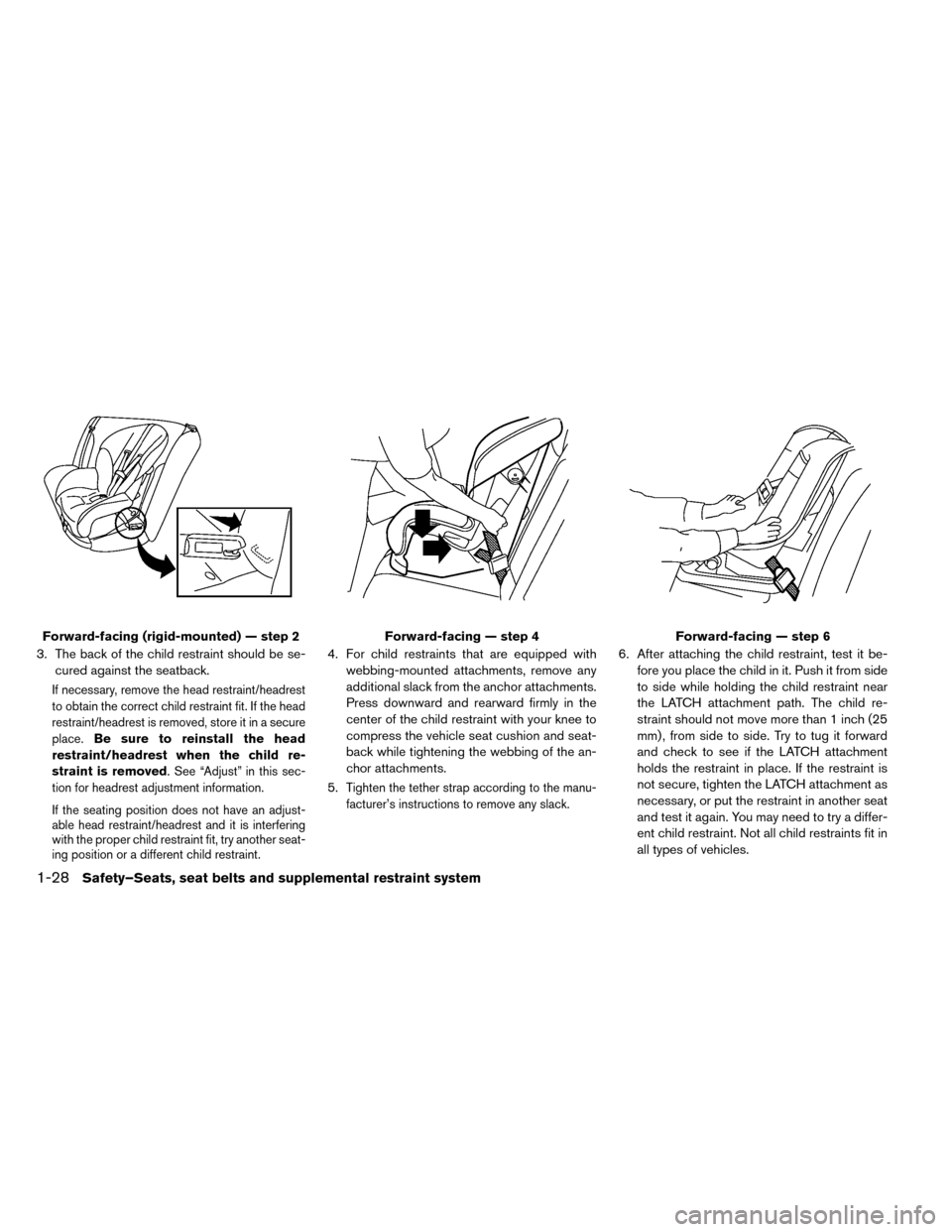 NISSAN LEAF 2015 1.G Owners Manual 3. The back of the child restraint should be se-cured against the seatback.
If necessary, remove the head restraint/headrest
to obtain the correct child restraint fit. If the head
restraint/headrest i NISSAN LEAF 2015 1.G Owners Manual 3. The back of the child restraint should be se-cured against the seatback.
If necessary, remove the head restraint/headrest
to obtain the correct child restraint fit. If the head
restraint/headrest i
