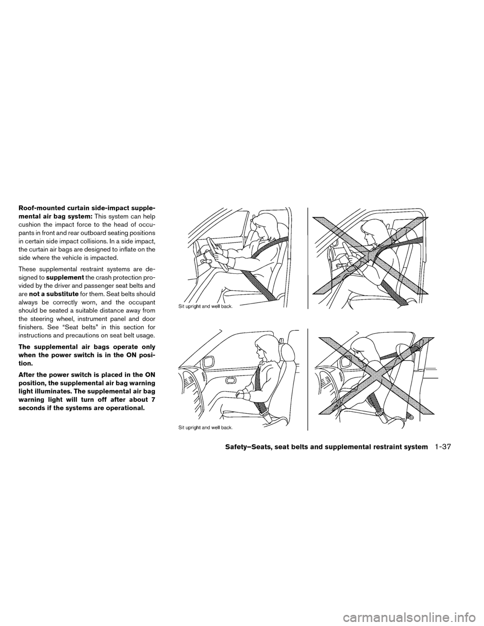 NISSAN LEAF 2015 1.G Owners Manual Roof-mounted curtain side-impact supple-
mental air bag system:This system can help
cushion the impact force to the head of occu-
pants in front and rear outboard seating positions
in certain side imp