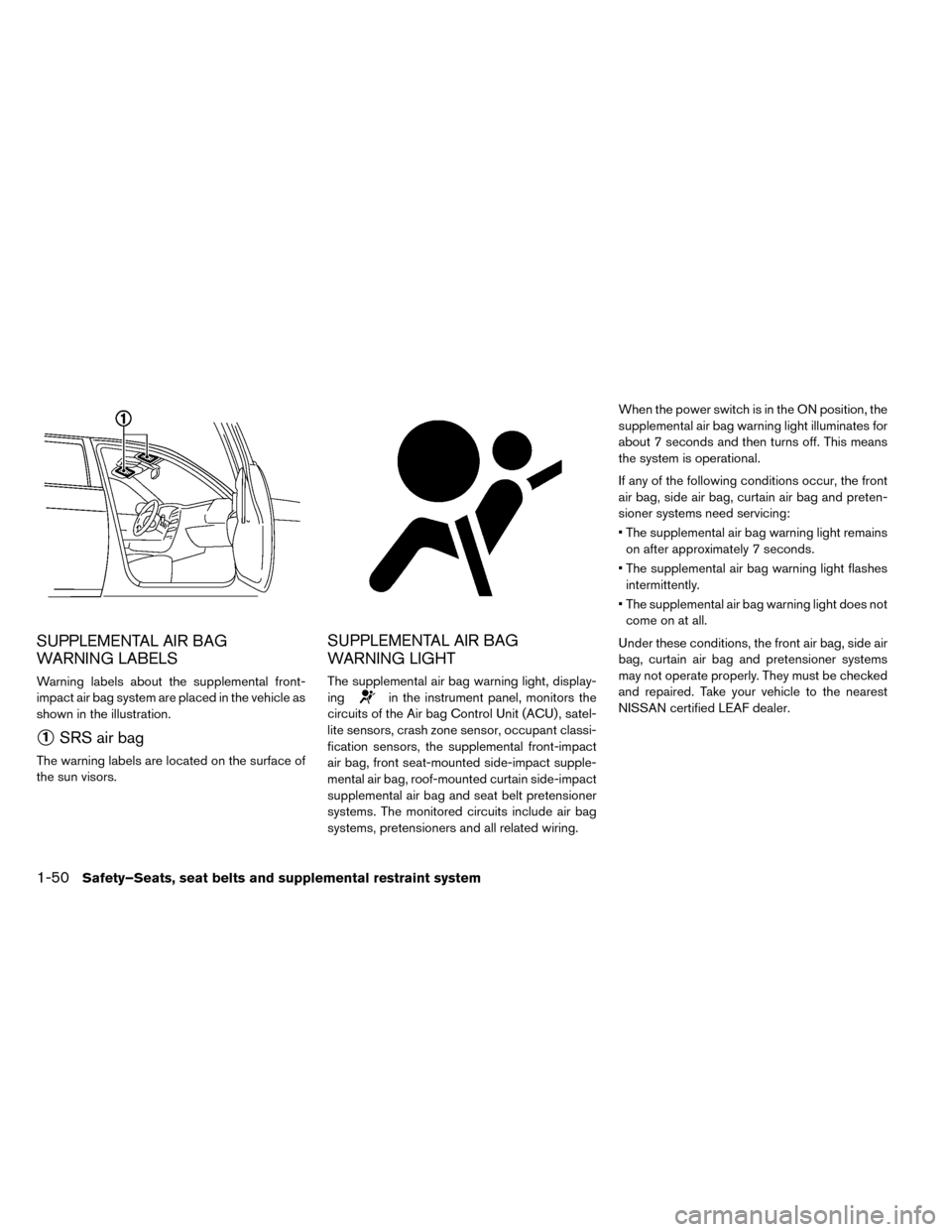 NISSAN LEAF 2015 1.G Owners Manual SUPPLEMENTAL AIR BAG
WARNING LABELS
Warning labels about the supplemental front-
impact air bag system are placed in the vehicle as
shown in the illustration.
1SRS air bag
The warning labels are loca