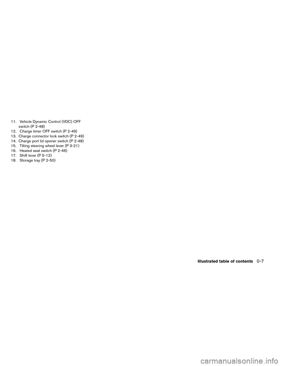 NISSAN LEAF 2015 1.G User Guide 11. Vehicle Dynamic Control (VDC) OFFswitch (P 2-48)
12. Charge timer OFF switch (P 2-49)
13. Charge connector lock switch (P 2-49)
14. Charge port lid opener switch (P 2-48)
15. Tilting steering whee