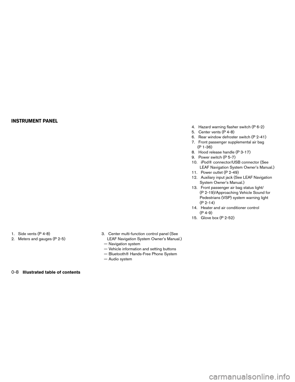 NISSAN LEAF 2015 1.G User Guide 1. Side vents (P 4-8)
2. Meters and gauges (P 2-5)3. Center multi-function control panel (See
LEAF Navigation System Owner’s Manual.)
— Navigation system
— Vehicle information and setting button