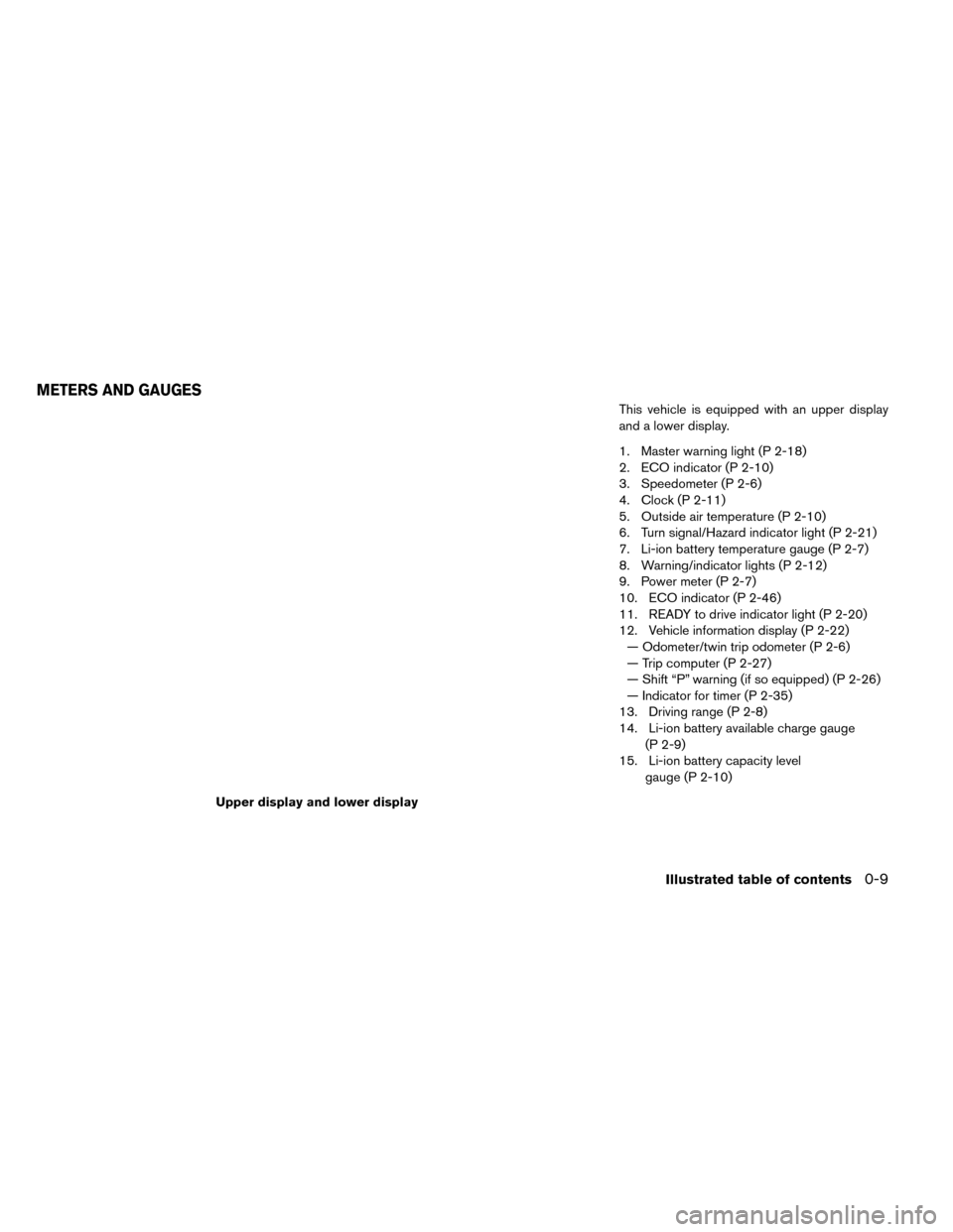 NISSAN LEAF 2015 1.G Owners Manual This vehicle is equipped with an upper display
and a lower display.
1. Master warning light (P 2-18)
2. ECO indicator (P 2-10)
3. Speedometer (P 2-6)
4. Clock (P 2-11)
5. Outside air temperature (P 2-