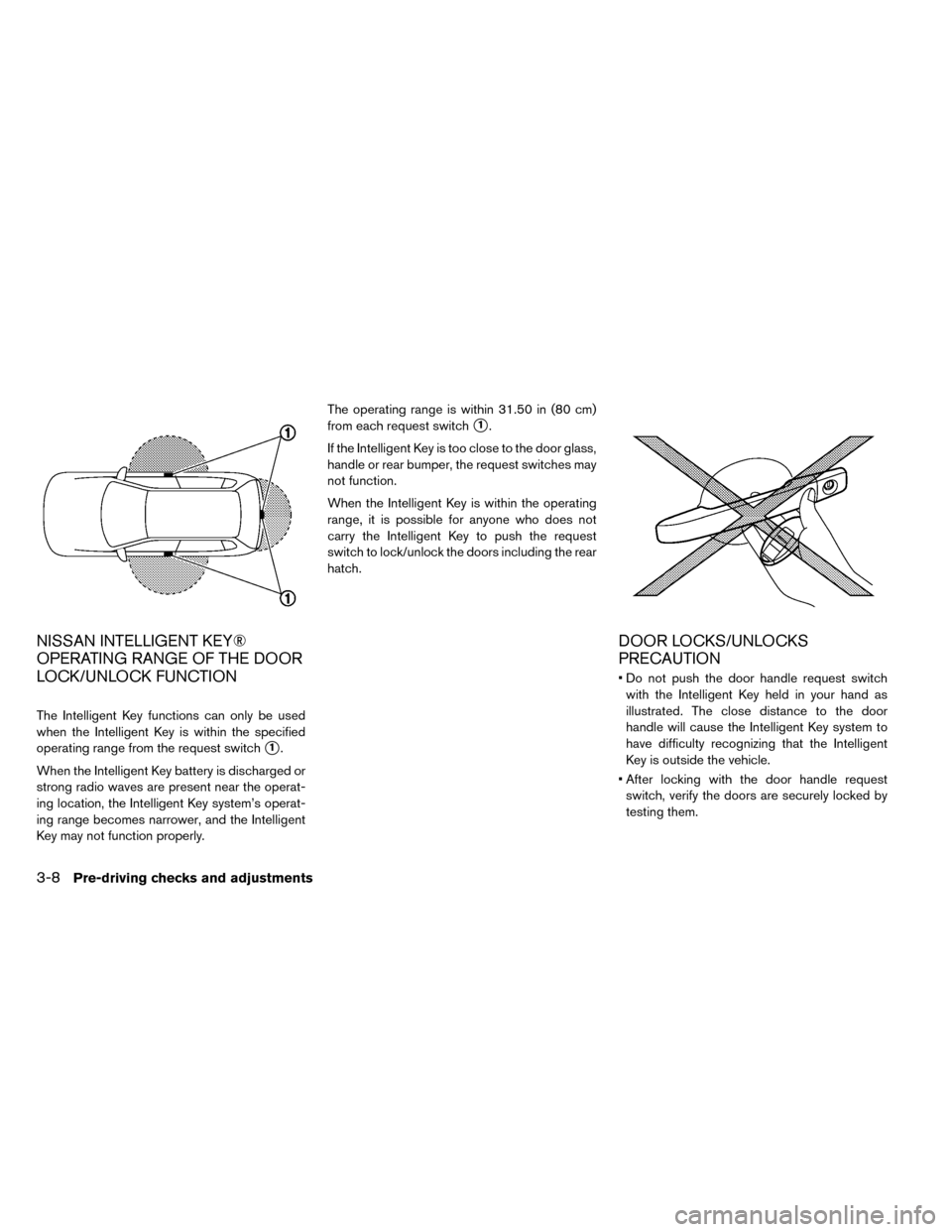 NISSAN LEAF 2015 1.G Owners Manual NISSAN INTELLIGENT KEY®
OPERATING RANGE OF THE DOOR
LOCK/UNLOCK FUNCTION
The Intelligent Key functions can only be used
when the Intelligent Key is within the specified
operating range from the reque