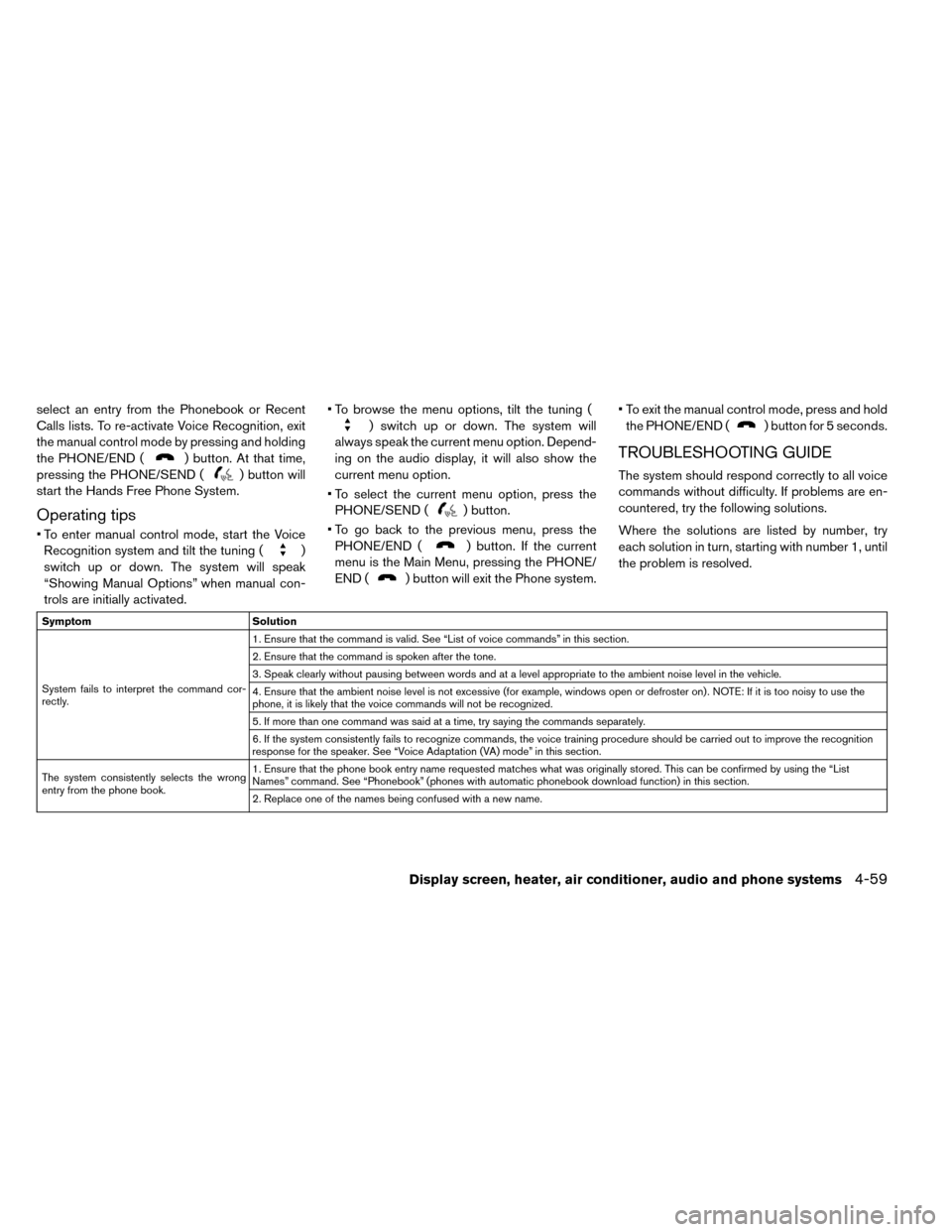 NISSAN LEAF 2015 1.G Manual PDF select an entry from the Phonebook or Recent
Calls lists. To re-activate Voice Recognition, exit
the manual control mode by pressing and holding
the PHONE/END (
) button. At that time,
pressing the PH