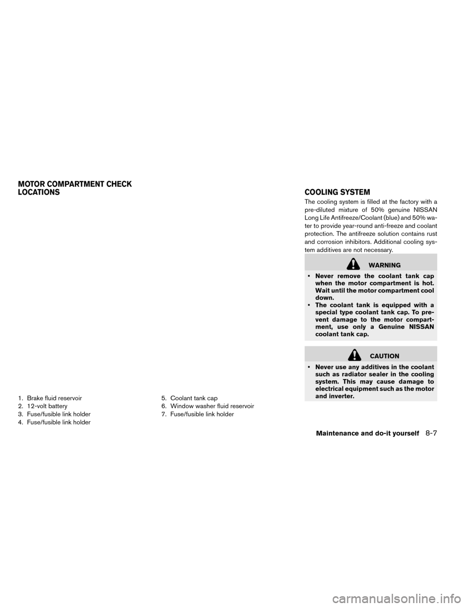 NISSAN LEAF 2015 1.G Owners Manual 1. Brake fluid reservoir
2. 12-volt battery
3. Fuse/fusible link holder
4. Fuse/fusible link holder5. Coolant tank cap
6. Window washer fluid reservoir
7. Fuse/fusible link holderThe cooling system is NISSAN LEAF 2015 1.G Owners Manual 1. Brake fluid reservoir
2. 12-volt battery
3. Fuse/fusible link holder
4. Fuse/fusible link holder5. Coolant tank cap
6. Window washer fluid reservoir
7. Fuse/fusible link holderThe cooling system is