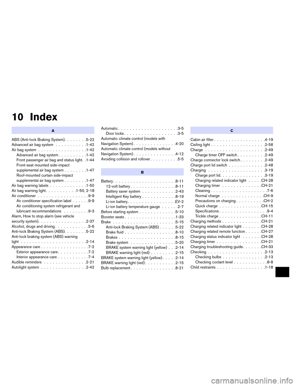 NISSAN LEAF 2015 1.G Owners Manual 10 Index
A
ABS (Anti-lock Braking System)........5-22
Advanced air bag system ...........1-42
Air bag system .................1-42
Advanced air bag system ..........1-42
Front passenger air bag and st