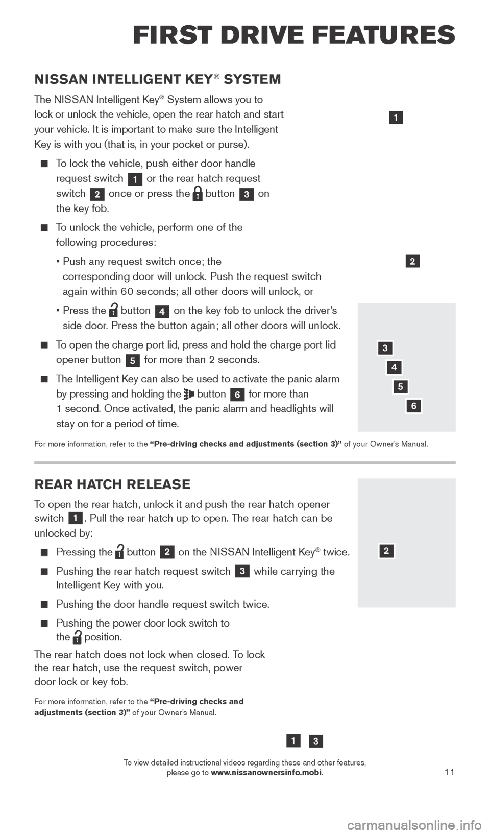 NISSAN LEAF 2015 1.G Quick Reference Guide 11
REAR HATCH RELEASE
To open the rear hatch, unlock it and push the rear hatch opener 
switch 1. Pull the rear hatch up to open. The rear hatch can be 
unlocked by:
    Pressing  the   button
 2 on t