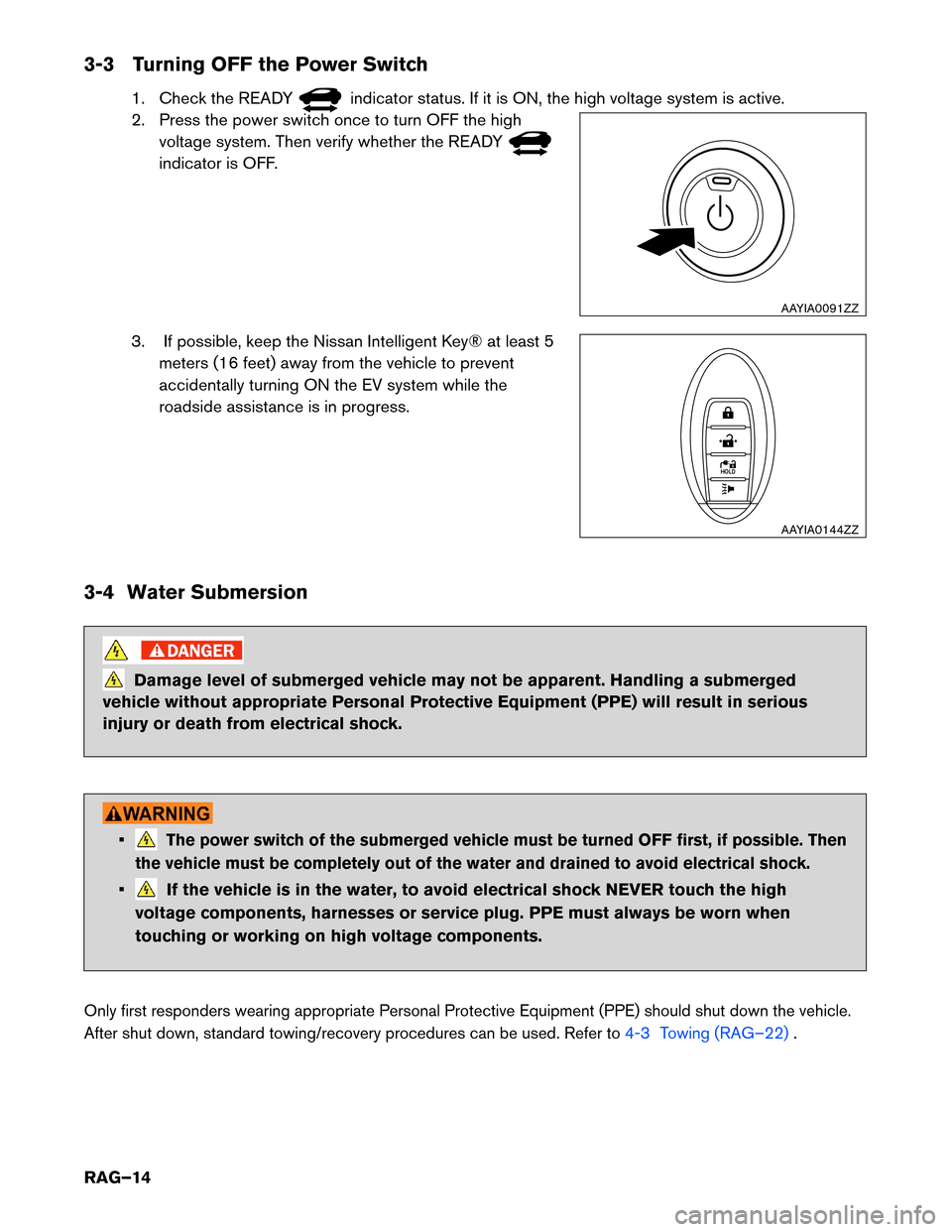 NISSAN LEAF 2015 1.G Roadside Assistance Guide 3-3 Turning OFF the Power Switch
1. Check the READY indicator status. If it is ON, the high voltage system is active.
2.

Press the power switch once to turn OFF the high
voltage system. Then verify w