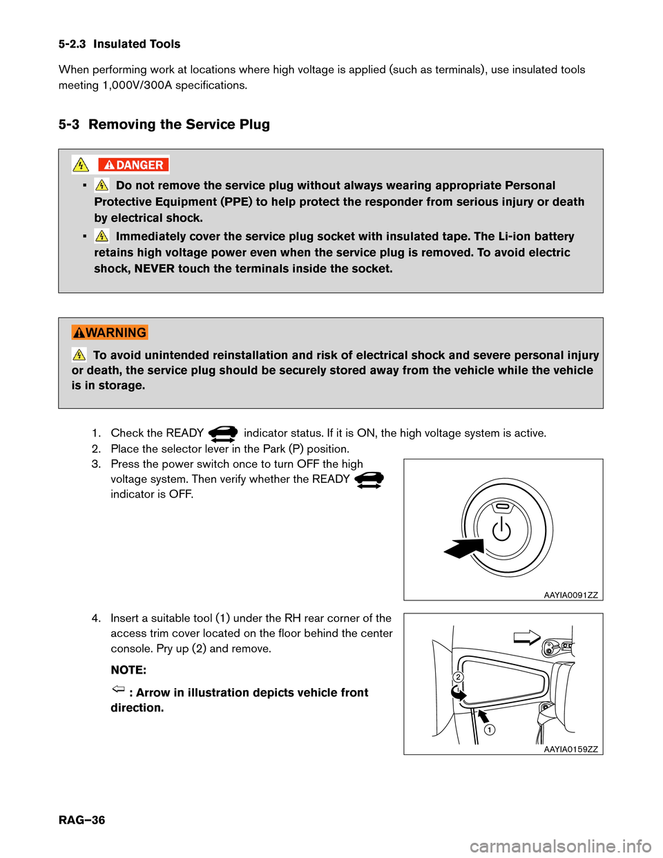 NISSAN LEAF 2015 1.G Roadside Assistance Guide 5-2.3 Insulated Tools
When
performing work at locations where high voltage is applied (such as terminals) , use insulated tools
meeting 1,000V/300A specifications.
5-3 Removing the Service Plug • Do NISSAN LEAF 2015 1.G Roadside Assistance Guide 5-2.3 Insulated Tools
When
performing work at locations where high voltage is applied (such as terminals) , use insulated tools
meeting 1,000V/300A specifications.
5-3 Removing the Service Plug • Do