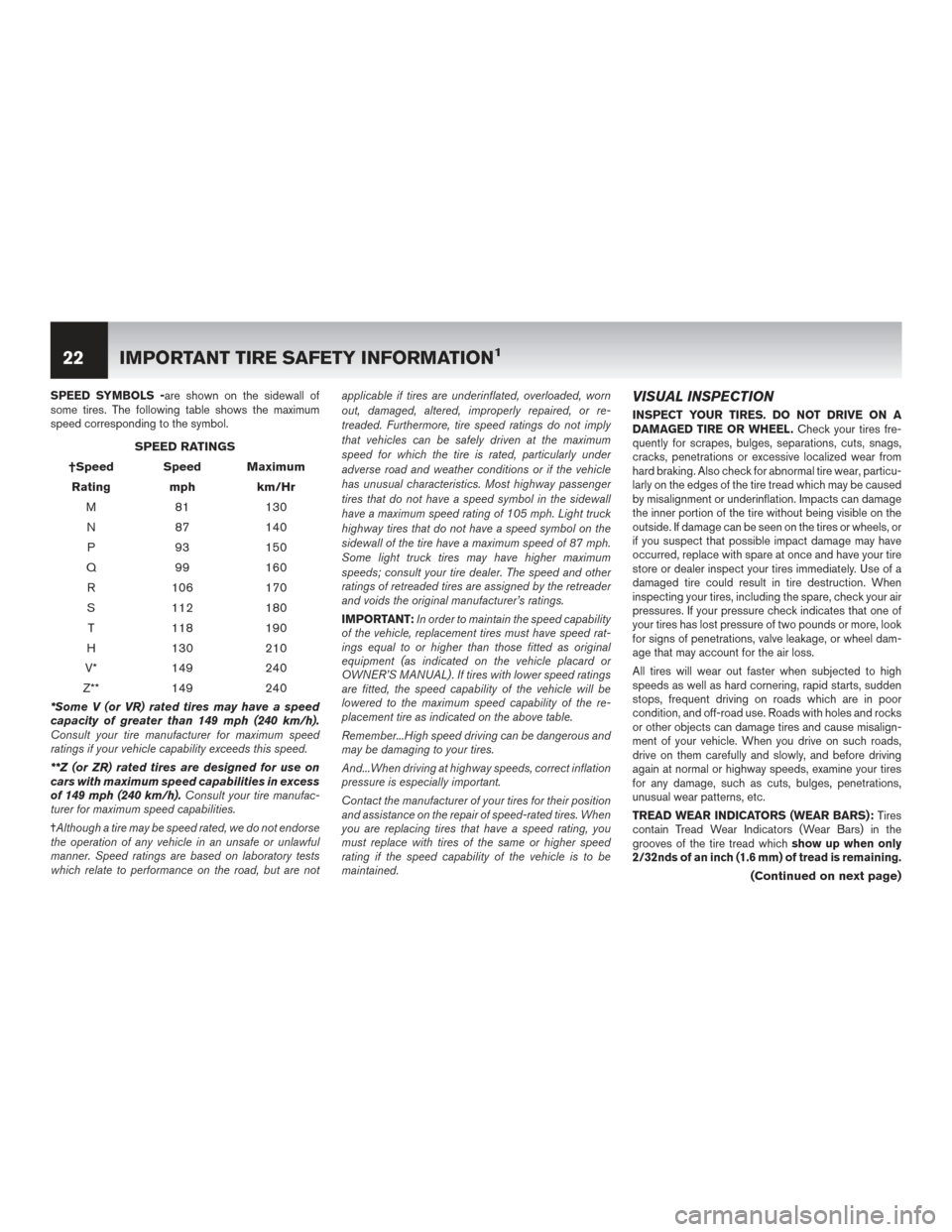 NISSAN LEAF 2015 1.G Warranty Booklet SPEED SYMBOLS -are shown on the sidewall of
some tires. The following table shows the maximum
speed corresponding to the symbol.
SPEED RATINGS
†Speed Speed Maximum Rating mph km/Hr M 81 130
N 87 140 NISSAN LEAF 2015 1.G Warranty Booklet SPEED SYMBOLS -are shown on the sidewall of
some tires. The following table shows the maximum
speed corresponding to the symbol.
SPEED RATINGS
†Speed Speed Maximum Rating mph km/Hr M 81 130
N 87 140
