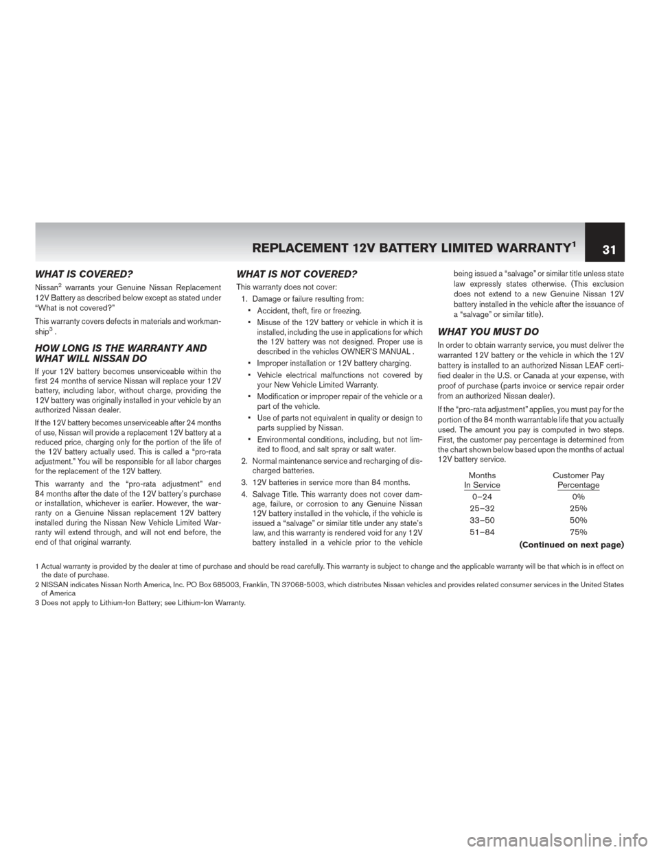 NISSAN LEAF 2015 1.G Warranty Booklet WHAT IS COVERED?
Nissan2warrants your Genuine Nissan Replacement
12V Battery as described below except as stated under
“What is not covered?”
This warranty covers defects in materials and workman-