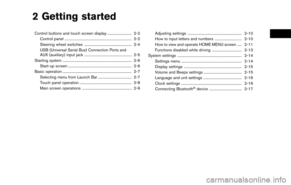 NISSAN MURANO 2015 3.G LC2 Kai Navigation Manual 2 Getting started
Control buttons and touch screen display .......................... 2-2Control panel ........................................................................\
 2-2
Steering wheel swi