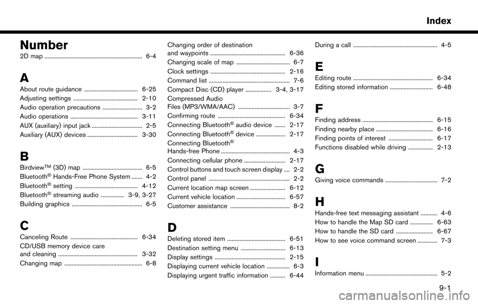 NISSAN MURANO 2015 3.G LC2 Kai Navigation Manual Number
2D map ................................................................ 6-4
A
About route guidance ................................... 6-25
Adjusting settings ..................................