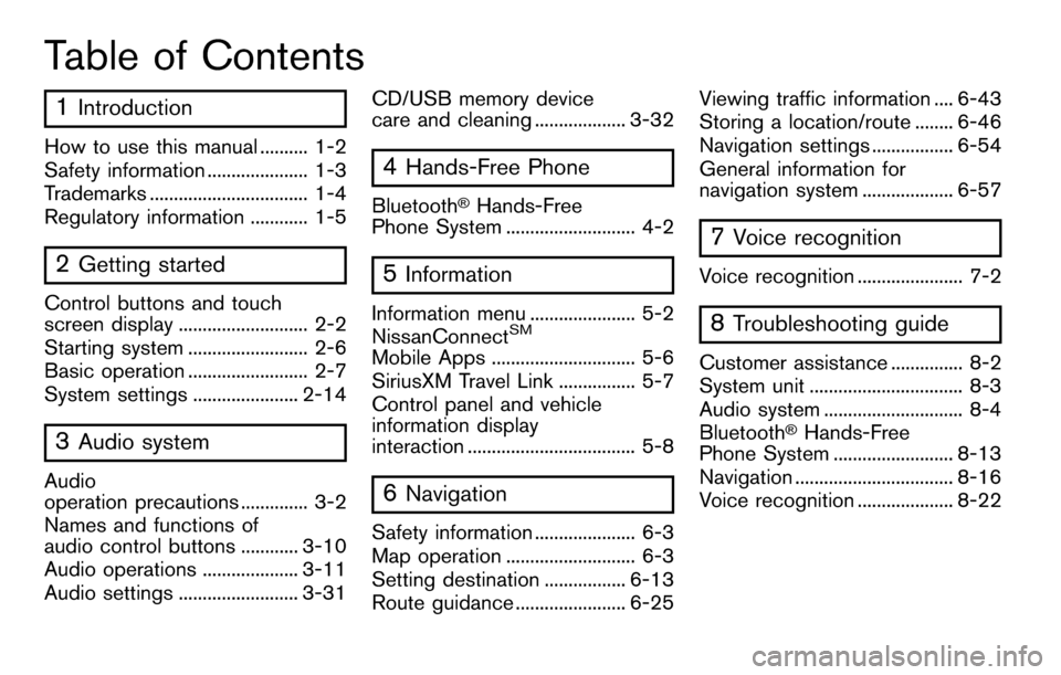 NISSAN MURANO 2015 3.G LC2 Kai Navigation Manual Table of Contents
1Introduction
How to use this manual .......... 1-2
Safety information ..................... 1-3
Trademarks ................................. 1-4
Regulatory information ............ 