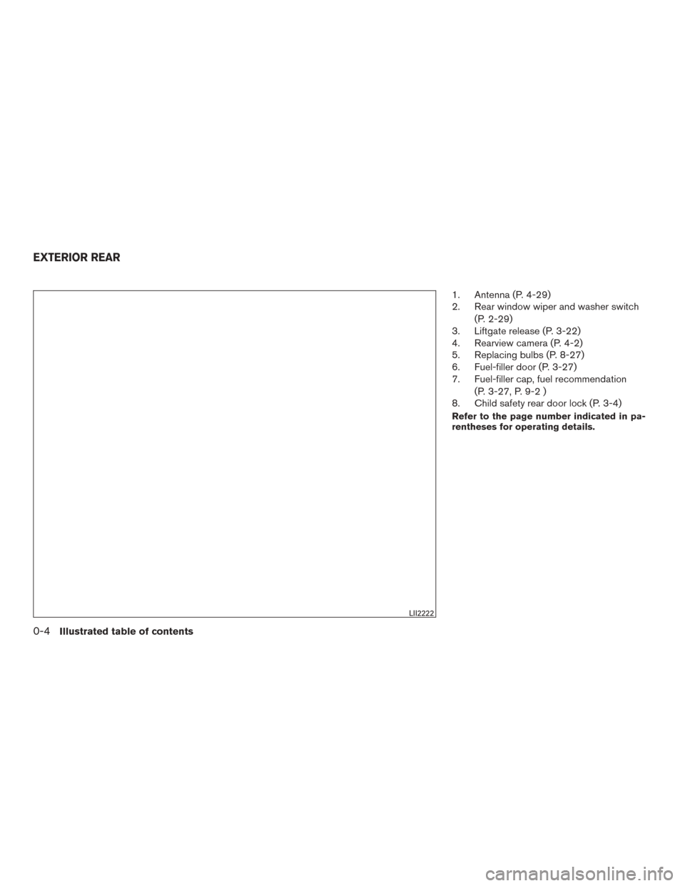 NISSAN MURANO 2015 3.G User Guide 1. Antenna (P. 4-29)
2. Rear window wiper and washer switch(P. 2-29)
3. Liftgate release (P. 3-22)
4. Rearview camera (P. 4-2)
5. Replacing bulbs (P. 8-27)
6. Fuel-filler door (P. 3-27)
7. Fuel-filler