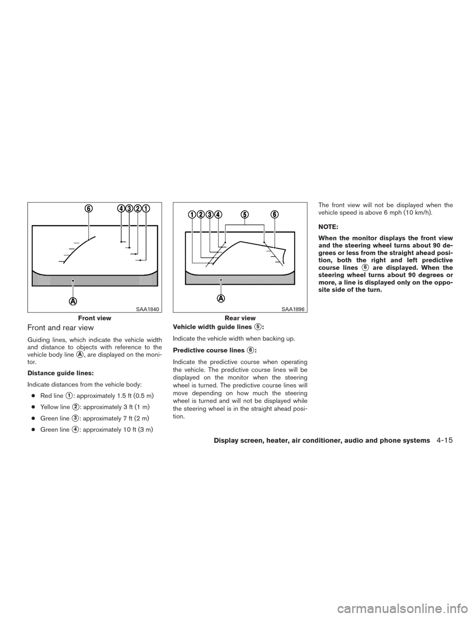 NISSAN MURANO 2015 3.G Owners Manual Front and rear view
Guiding lines, which indicate the vehicle width
and distance to objects with reference to the
vehicle body line
A, are displayed on the moni-
tor.
Distance guide lines:
Indicate d