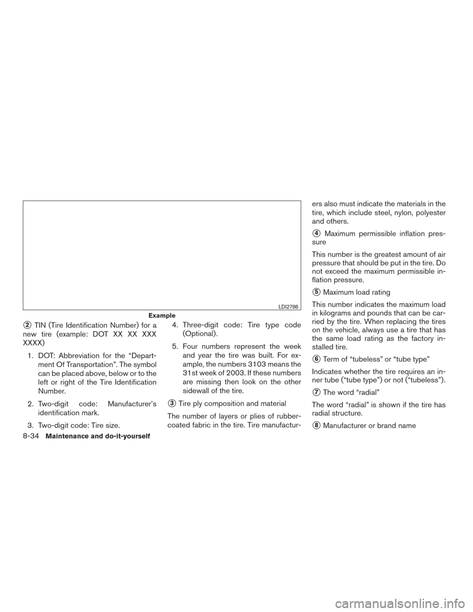 NISSAN MURANO 2015 3.G Owners Guide 2TIN (Tire Identification Number) for a
new tire (example: DOT XX XX XXX
XXXX)
1. DOT: Abbreviation for the “Depart- ment Of Transportation”. The symbol
can be placed above, below or to the
left 