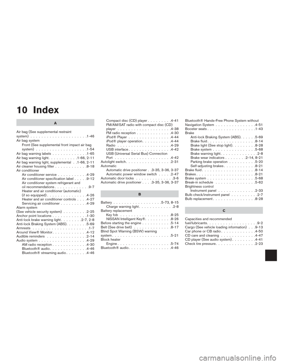 NISSAN MURANO 2015 3.G Service Manual 10 Index
A
Air bag (See supplemental restraint
system) .....................1-46
Air bag system Front (See supplemental front impact air bag
system) ...................1-54
Airbagwarninglabels........