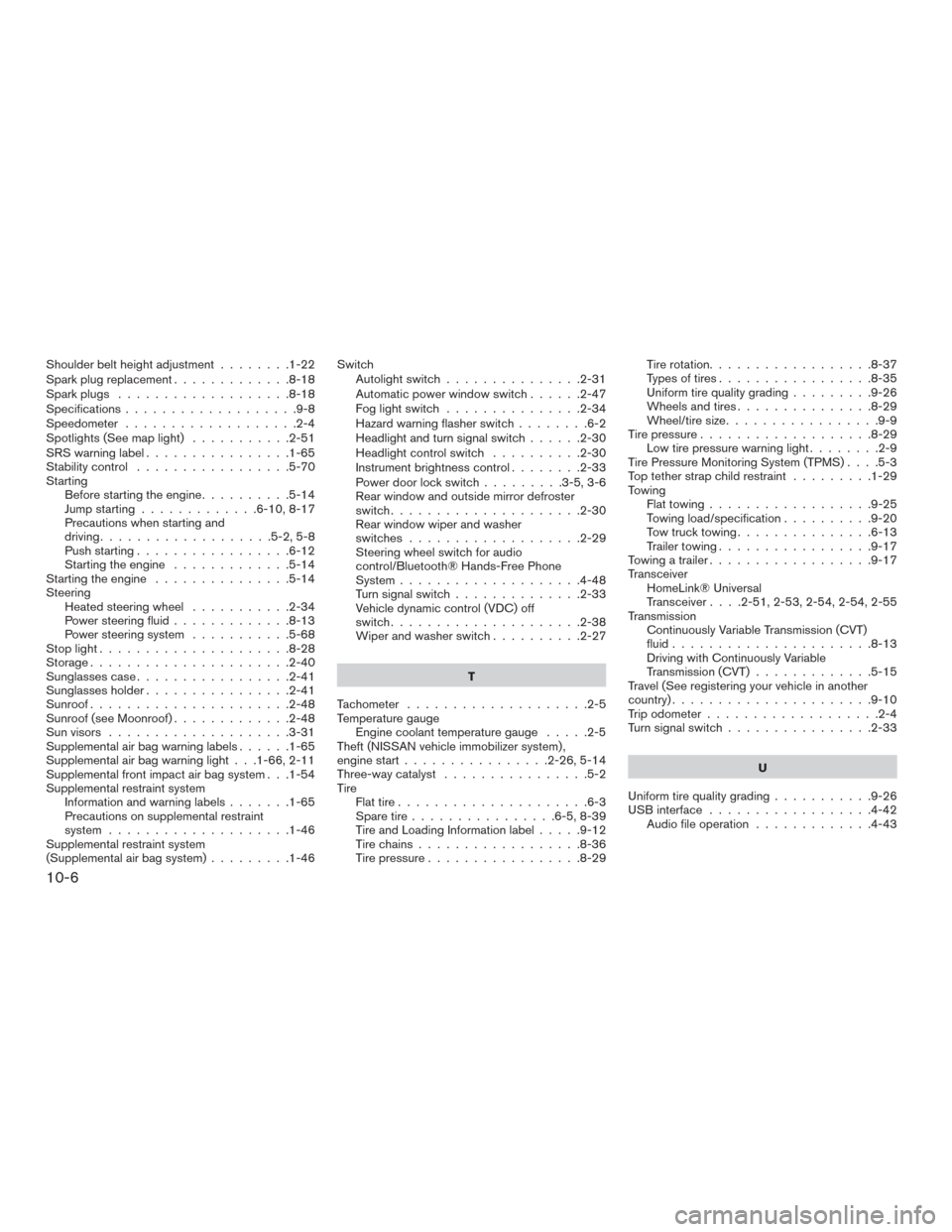 NISSAN MURANO 2015 3.G Owners Guide Shoulder belt height adjustment........1-22
Spark plug replacement .............8-18
Spark plugs ...................8-18
Specifications ...................9-8
Speedometer ...................2-4
Spotli
