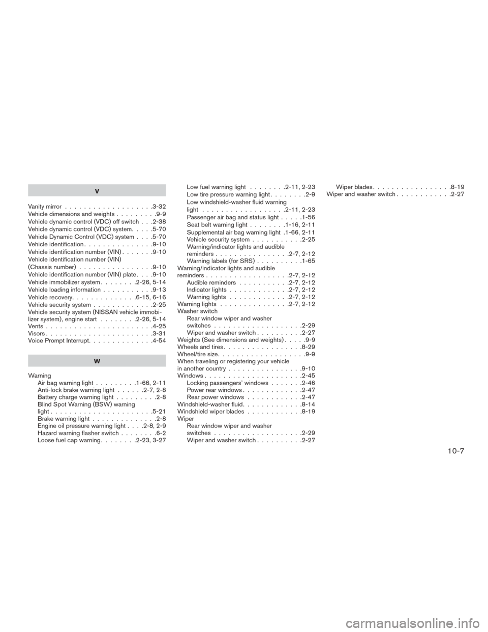 NISSAN MURANO 2015 3.G Service Manual V
Vanity mirror ...................3-32
Vehicledimensionsandweights.........9-9
Vehicle dynamic control (VDC) off switch . . .2-38
Vehicle dynamic control (VDC) system .....5-70
Vehicle Dynamic Contro
