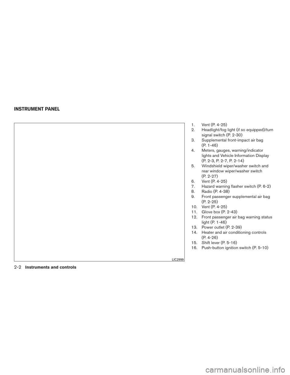 NISSAN MURANO 2015 3.G Owners Manual 1. Vent (P. 4-25)
2. Headlight/fog light (if so equipped)/turnsignal switch (P. 2-30)
3. Supplemental front-impact air bag
(P. 1-46)
4. Meters, gauges, warning/indicator
lights and Vehicle Information