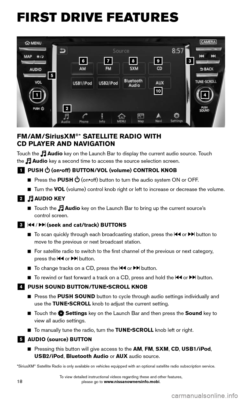 NISSAN MURANO 2015 3.G Quick Reference Guide 18
FIRST DRIVE FEATURES
4
6789
10
2
3
1
FM/AM/SiriusXM®* SATELLITE RADIO WITH  
CD PLAYER AND NAVIGATION
Touch the  Audio key on the Launch Bar to display the current audio source. Touch  
the  Audio