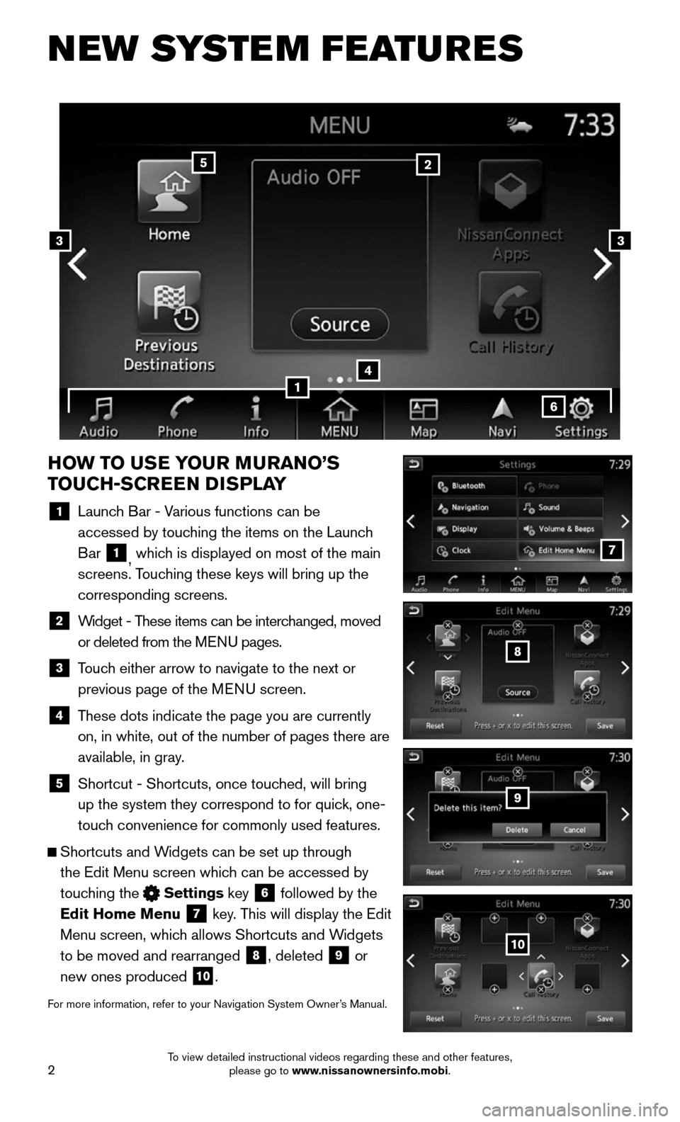 NISSAN MURANO 2015 3.G Quick Reference Guide 2
NEW SYSTEM FEATURES
HOW TO USE YOUR MURANO’S 
TOUCH-SCREEN DISPLAY
1    Launch Bar - Various functions can be  
accessed by touching the items on the Launch 
Bar 1, which is displayed on most of t