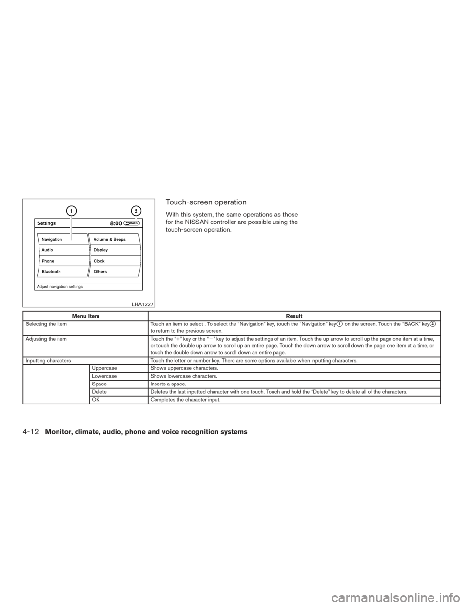 NISSAN PATHFINDER 2015 R52 / 4.G User Guide Touch-screen operation
With this system, the same operations as those
for the NISSAN controller are possible using the
touch-screen operation.
Menu ItemResult
Selecting the item Touch an item to selec