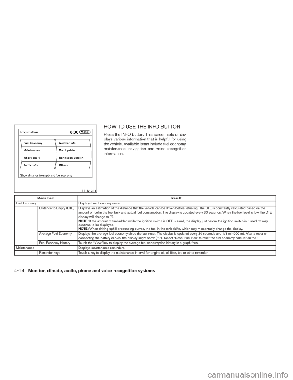 NISSAN PATHFINDER 2015 R52 / 4.G User Guide HOW TO USE THE INFO BUTTON
Press the INFO button. This screen sets or dis-
plays various information that is helpful for using
the vehicle. Available items include fuel economy,
maintenance, navigatio