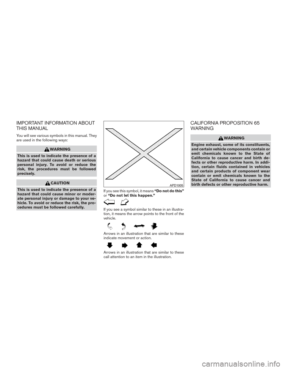 NISSAN PATHFINDER 2015 R52 / 4.G Owners Manual IMPORTANT INFORMATION ABOUT
THIS MANUAL
You will see various symbols in this manual. They
are used in the following ways:
WARNING
This is used to indicate the presence of a
hazard that could cause dea