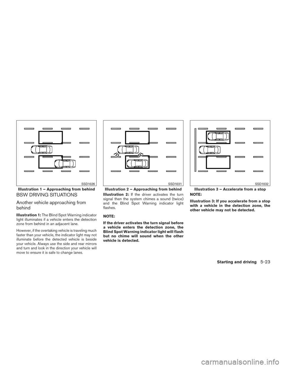 NISSAN PATHFINDER 2015 R52 / 4.G Owners Manual BSW DRIVING SITUATIONS
Another vehicle approaching from
behind
Illustration 1:The Blind Spot Warning indicator
light illuminates if a vehicle enters the detection
zone from behind in an adjacent lane.