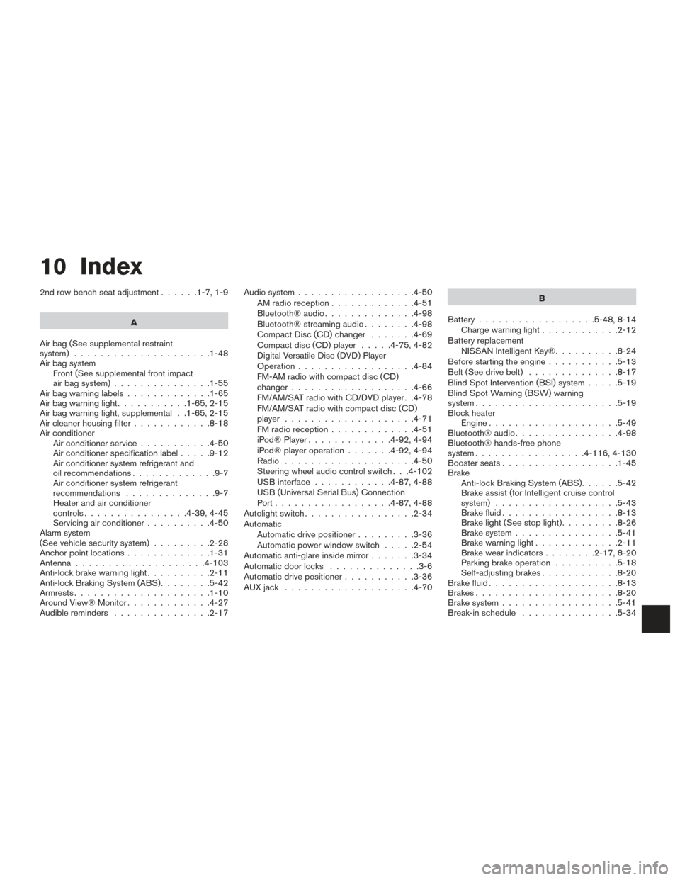 NISSAN PATHFINDER 2015 R52 / 4.G Service Manual 10 Index
2nd row bench seat adjustment......1-7,1-9
A
Air bag (See supplemental restraint
system) .....................1-48
Air bag system Front (See supplemental front impact
air bag system) ........