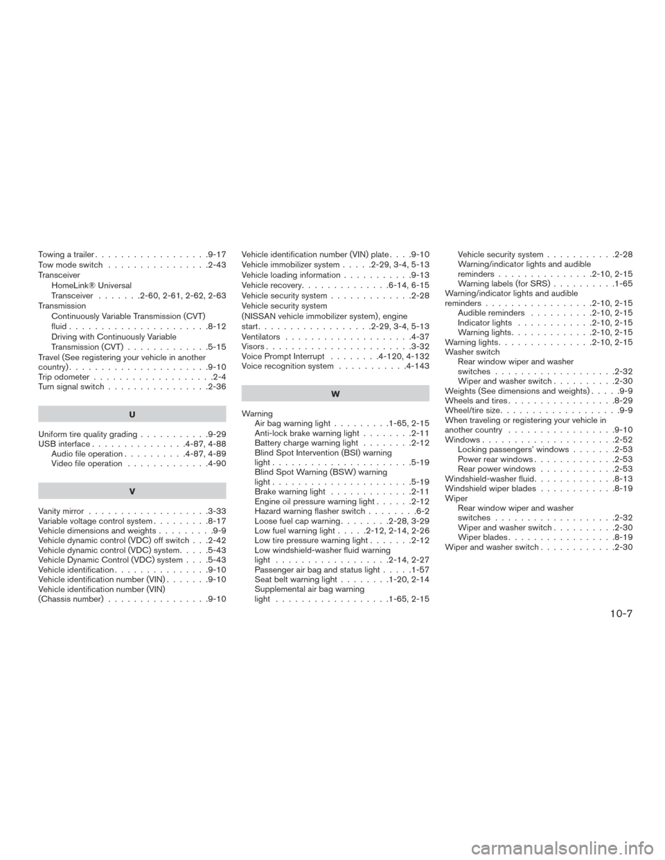 NISSAN PATHFINDER 2015 R52 / 4.G Service Manual Towing a trailer..................9-17
Tow mode switch ................2-43
Transceiver HomeLink® Universal
Transceiver .......2-60,2-61,2-62,2-63
Transmission Continuously Variable Transmission (CVT