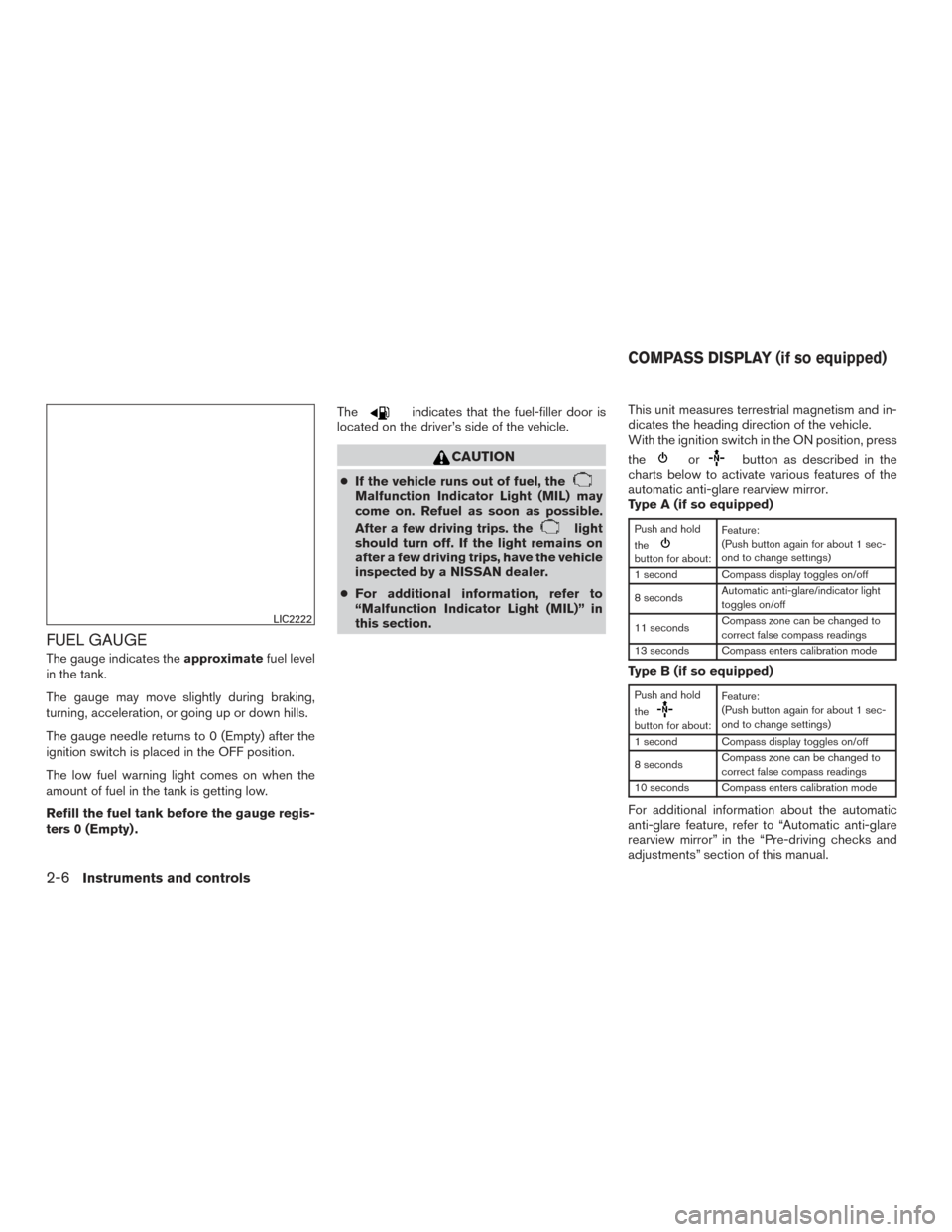 NISSAN PATHFINDER 2015 R52 / 4.G Owners Manual FUEL GAUGE
The gauge indicates theapproximatefuel level
in the tank.
The gauge may move slightly during braking,
turning, acceleration, or going up or down hills.
The gauge needle returns to 0 (Empty)