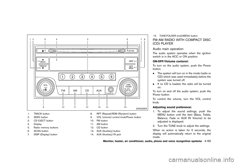 NISSAN QUEST 2015 RE52 / 4.G Owners Manual �������
�> �(�G�L�W� ����� �� �� �0�R�G�H�O� �(���� �@
JVH0335X
1. TRACK button
2. SEEK button
3. CD EJECT button
4. Display
5. Radio memory buttons
6. SCAN button
7. DISP (Displ