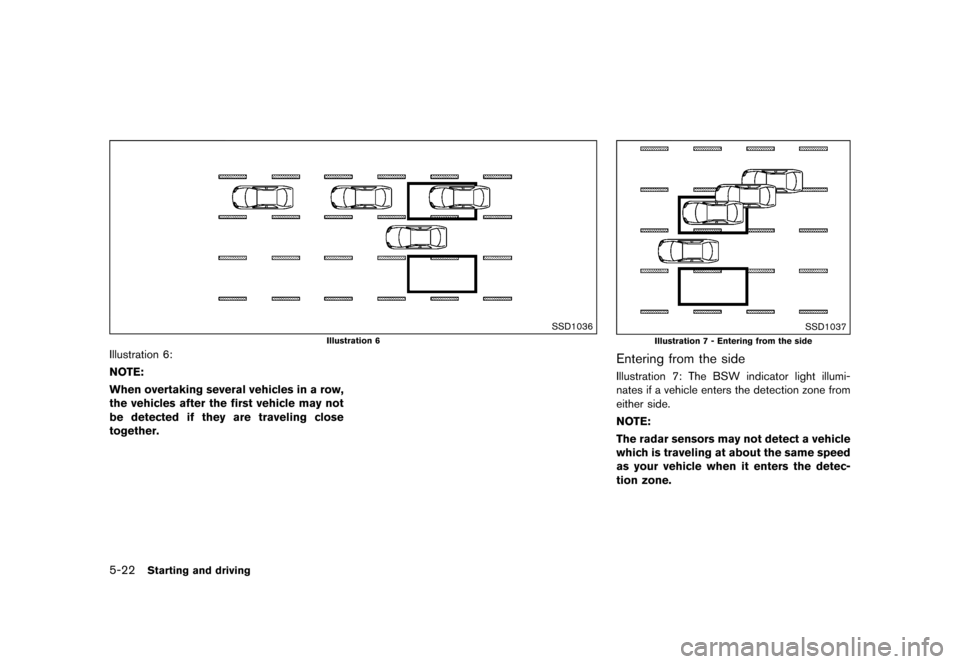 NISSAN QUEST 2015 RE52 / 4.G Owners Manual �������
�> �(�G�L�W� ����� �� �� �0�R�G�H�O� �(���� �@
5-22Starting and driving
SSD1036
Illustration 6
Illustration 6:
NOTE:
When overtaking several vehicles in a row,
the vehicl