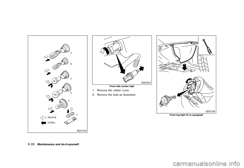 NISSAN QUEST 2015 RE52 / 4.G Owners Manual �������
�> �(�G�L�W� ����� �� �� �0�R�G�H�O� �(���� �@
8-28Maintenance and do-it-yourself
SDI1679
SDI2200
Front side marker light
1. Remove the rubber cover.
2. Remove the bulb a