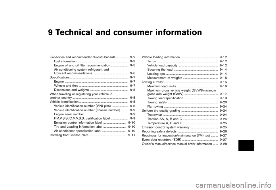 NISSAN QUEST 2015 RE52 / 4.G Owners Guide �������
�> �(�G�L�W� ����� �� �� �0�R�G�H�O� �(���� �@
9 Technical and consumer information
Capacities and recommended fluids/lubricants...
................ 9-2
Fuel information 