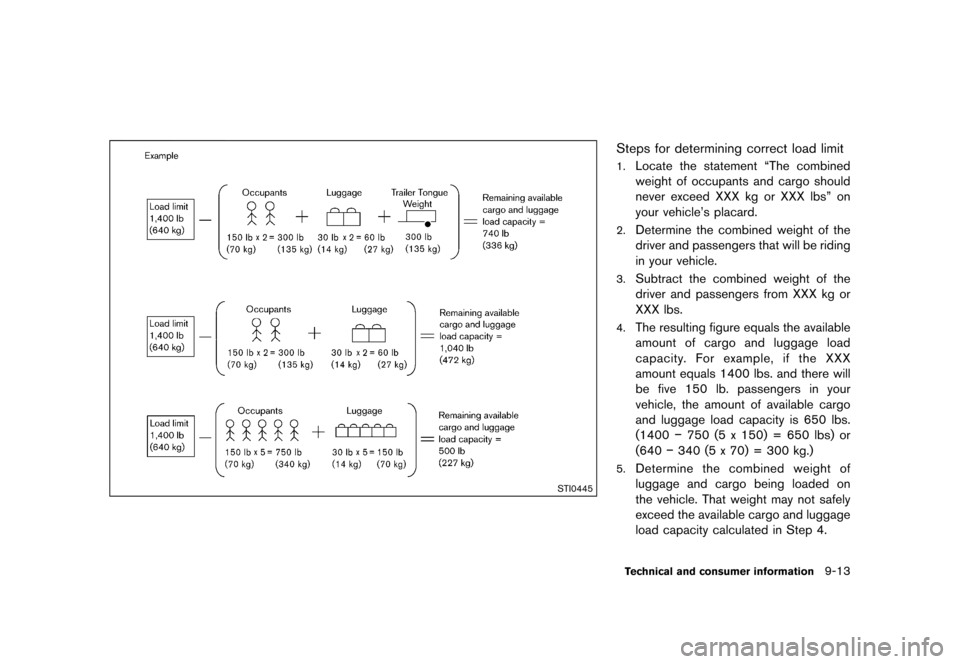 NISSAN QUEST 2015 RE52 / 4.G Owners Manual �������
�> �(�G�L�W� ����� �� �� �0�R�G�H�O� �(���� �@
STI0445
Steps for determining correct load limitGUID-251C8238-3BA6-4BEF-8C37-1EC12A8CB1131.Locate the statement ªThe combi