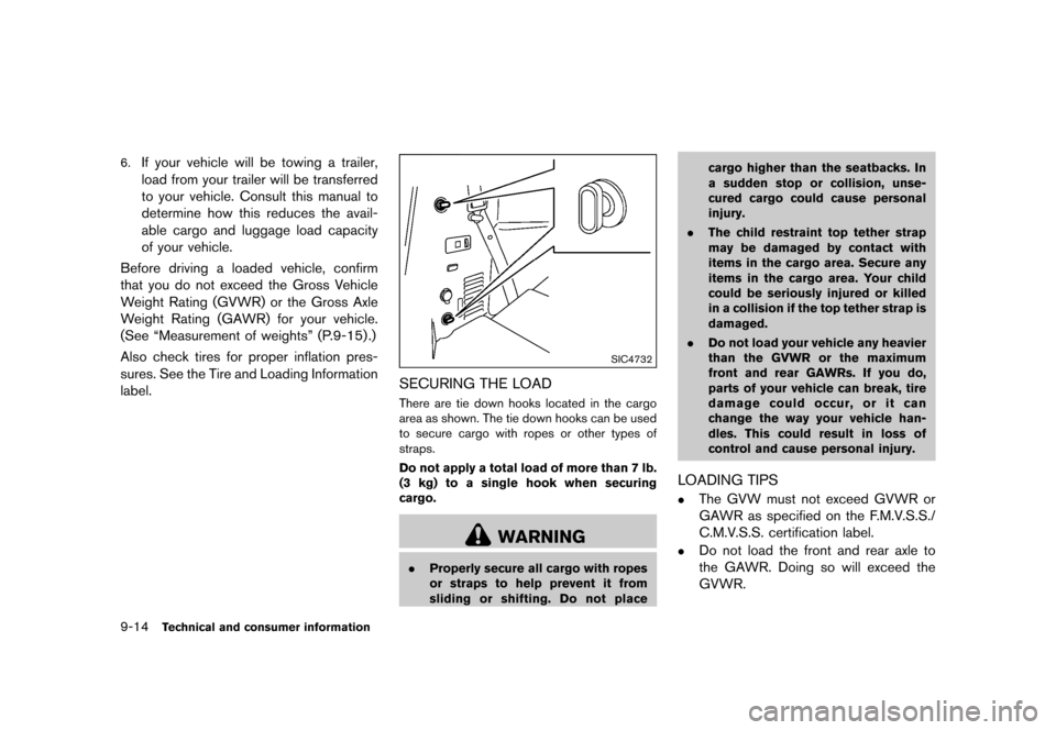 NISSAN QUEST 2015 RE52 / 4.G Service Manual �������
�> �(�G�L�W� ����� �� �� �0�R�G�H�O� �(���� �@
9-14Technical and consumer information
6.If your vehicle will be towing a trailer,
load from your trailer will be transferr